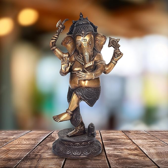 Brass Lord Four Hand Dancing Ganesha Idol Figurine Ganesha Idol for Home Office Temple Decorative Gift Item Multicolour Height 11 Inches