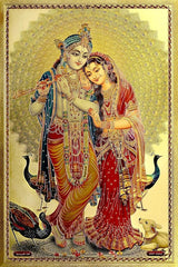 Radha Krishna gold foil poster, Krishna holding flute with Radha in red