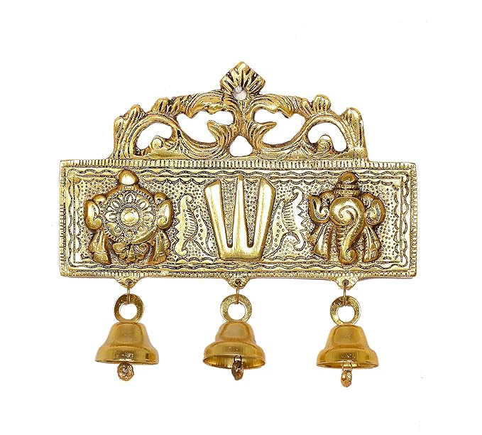 AONA gold metal Balaji wall hanging with Sanku Chakra Namam design and three bells