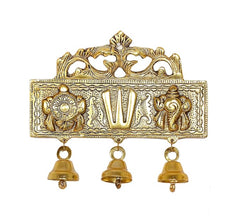 AONA gold metal Balaji wall hanging with Sanku Chakra Namam design and three bells