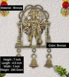 Bronze Hanuman wall idol with bells; height 7 inch and size details shown.