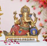 16-inch brass seated Lord Ganesha idol with jeweled multi-color detailing and raised hands