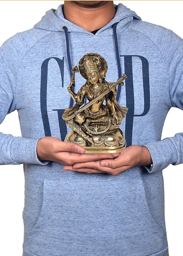 Brass Maa Saraswati Devi murti Idol Statue Goddess of Knowledge and Arts, Height: 7.6 inch