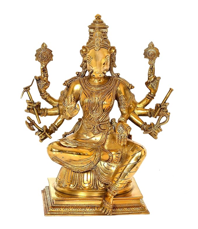 Brass Goddess Varahi Idol Figurine Eight Armed Sculpture Showpiece Home Temple Office Golden Height 10 Inches Craft Detail