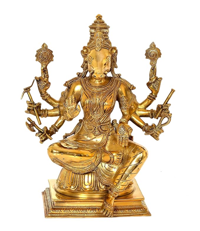 Brass Goddess Varahi Idol Figurine Eight Armed Sculpture Showpiece Home Temple Office Golden Height 13.5 Inches