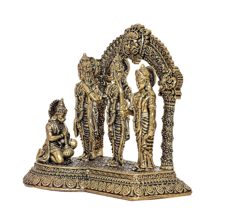 Bronze Ram Darbar with Sita Lakshman Hanuman on Carved Frame with Kirtimukha Bronze Finish Statue, for Home Decor Pooja Mandir (Height 4 inch)