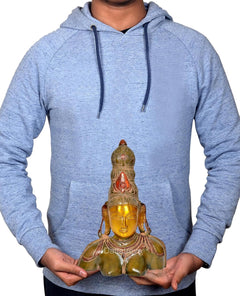Parvati brass bust statue held in hands, golden face with red accents, multicolor 10-inch