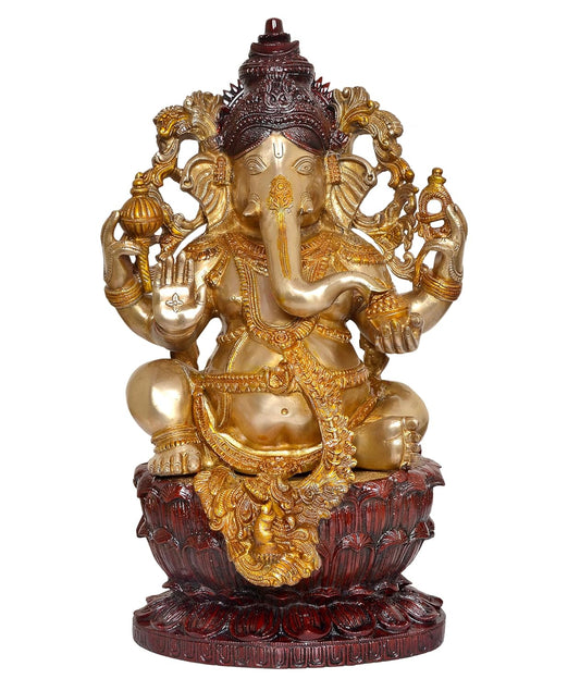 Brass Lord Ganesha Idol Sitting Ganesh Statue Decorative Sculpture for Home Decor Office Mandir Pooja Temple (Height 25 Inch)