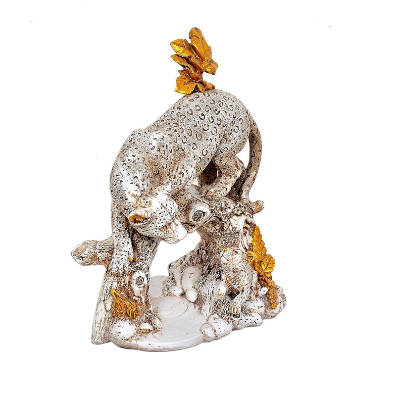 Resin Cheeta Leopard with Cubs  Showpiece (Height: 12 Inches)