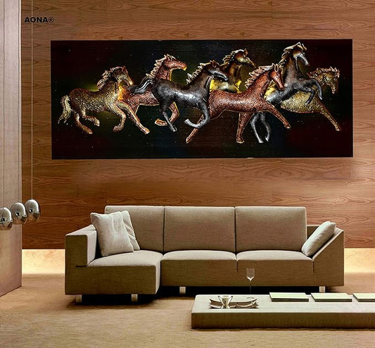 Metal Wall Decor/Wall Mounted Elegant Metal Frame 7 Seven Running Horses with LED Light, Width 53 inches Height 23 inches Depth 2 inches, Multicolor, Large