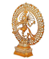 Brass Lord Shiva Nataraj idol from side view, dancing with ornate arch halo ring
