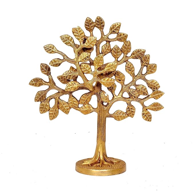 Brass tree statue with detailed leaf branches and round base, 7.5 in tall
