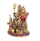 Brass Shiv Parivar figurine, trident raised, seated family group on patterned base