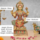 Lakshmi brass idol, multicolor painted four-arm seated lotus pose