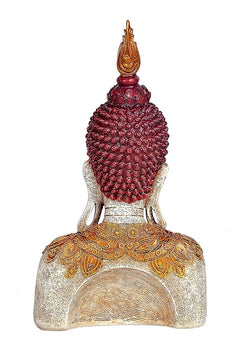 Polyresin Buddha bust rear view, maroon textured hair and gold belt ornament