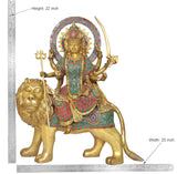 Brass Durga Maa statue riding lion, full-body view, ornate dress with colorful patterns