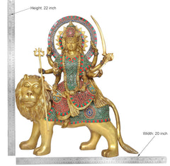 Brass Durga Maa statue riding lion, full-body view, ornate dress with colorful patterns