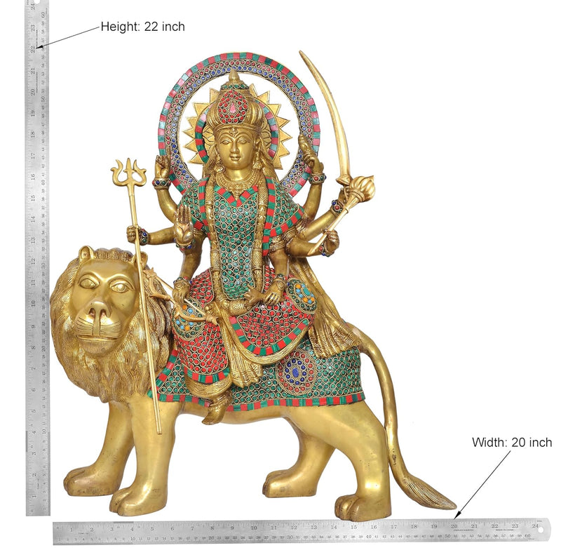 Brass Durga Maa with Lion Idol Hindu Goddess Sherawali MATA Murti MATA Rani Statue Figurine Home Temple (Height: 22 Inch)