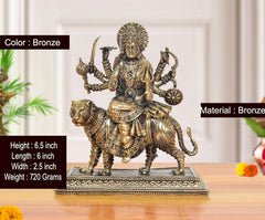 Bronze Durga Maa idol on tiger; 6.5 in H, 6 in L, 2.5 in W; bronze