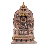 Brass Mahavir ji Jain idol statue, seated meditating on ornate base, 8 inch