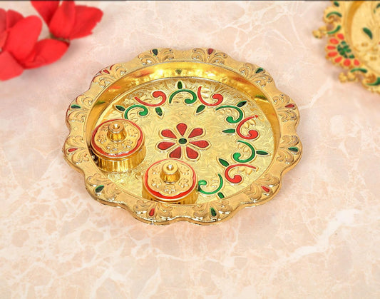 Decorative Design Gold Plated Plastic Haldi Kumkum Holder Pooja Thali and 2 Bowl For Rakhi Diwali Wedding Gifts Tilak Plate (Width 5.5 Inch) (Multicolor Pooja Thali)