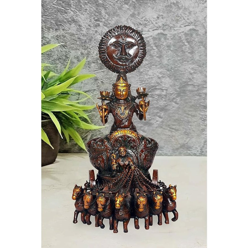 Brass Sun Chariot Rath with 7 Horse Statue (Height: 13 Inches) (Brown)