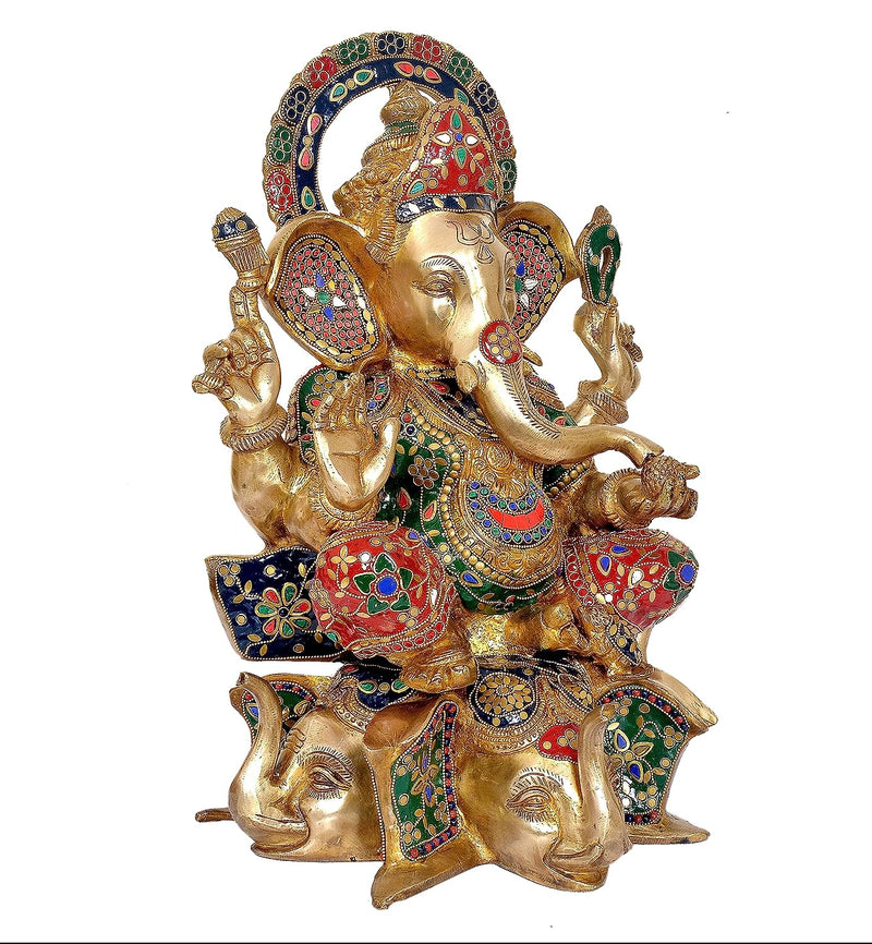 AONA Brass Ganpati Statue Idol Murti On Lotus for Home Decor Height : 17 inches