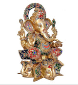 Brass Ganpati statue, front-left angle, multicolor decorated ears and crown halo