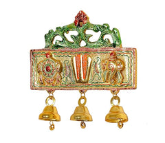 Balaji hanging idol plaque with Sanku Chakra Namam, green arch, and three bells