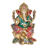 Brass Ganesha statue idol front view, colorful inlay on teal robe and red accents