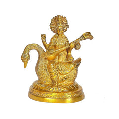 Maa Saraswati brass figurine on swan, holding veena, gold finish