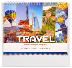 Travel 2027 desk calendar cover with colorful landmark collage and blue scalloped edge