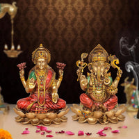 Resin Lakshmi and Ganesh sitting on lotus, multicolored detailing, ornate crowns