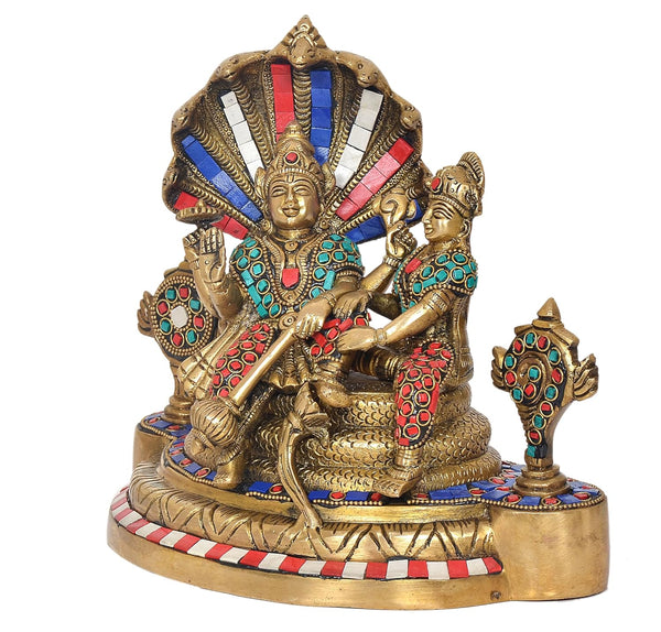 Brass Maa Lakshmi with Lord Vishnu On Sheshnag Idol Statue for The Puja Temple at Home in Brass - (Height 9.5 Inch) (multicolour) Entryway Setting