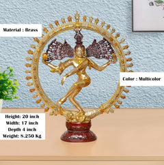 Brass Natraj Lord Shiva idol, dancing pose, jeweled halo detail, multicolor accents