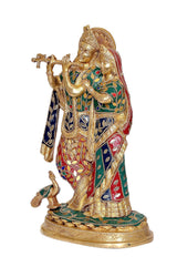 Stehende Radha-Krishna Messingstatue mit bunter Verzierungs-Malerei, erhobenen Händen, Sockel