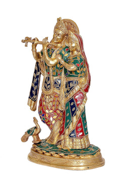 Stehende Radha-Krishna Messingstatue mit bunter Verzierungs-Malerei, erhobenen Händen, Sockel
