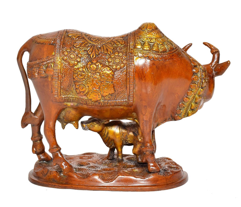 Brass Kamdhenu Cow with Calf for Home Decor Pooja Mandir Temple Office Decorative Showpiece Statue (Height: 6.5 Inch)