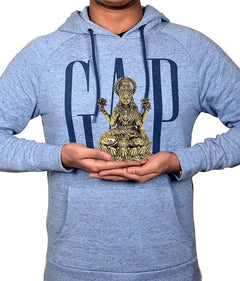 Brass Lakshmi statue idol held in hands, seated pose with ornate crown, 5-inch