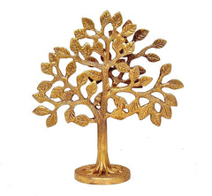 Brass tree statue, wider branch spread with leaf cutouts, circular base
