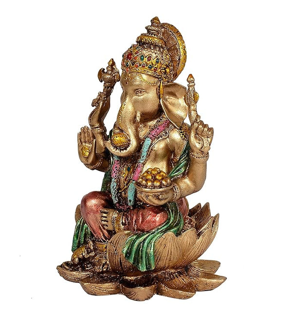 Cold Cast Handcrafted Lord Ganesha Ganesh Murti Sitting On Lotus in Resin, Height : 7 inch, Multicolor Study Setting
