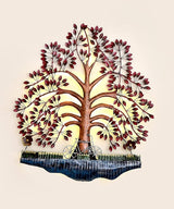 LED iron spring tree wall art with pink leaves, arched branches, and glowing bulb highlights