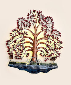 LED iron spring tree wall art with pink leaves, arched branches, and glowing bulb highlights