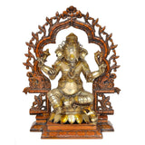 Brass Ganesha idol with raised hands, seated posture and carved circular arch