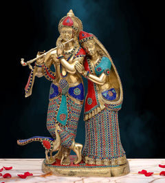 Brass Radha-Krishna standing idol, Krishna playing flute, Radha beside