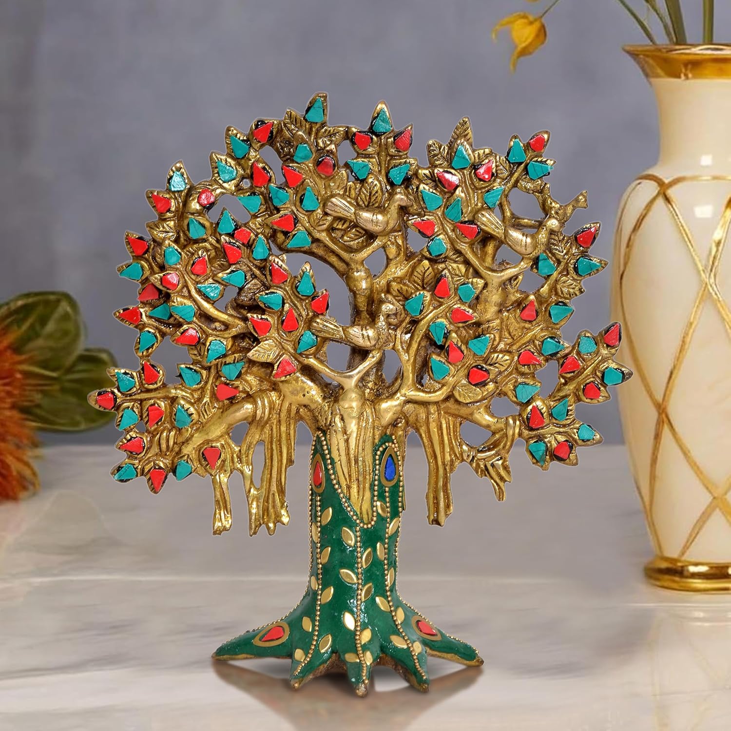 Brass Kalpavriksha Tree Table Standing with Stonework for Home Decor and Ofice Teble Decor Figurine (Height: 8.5 inch)