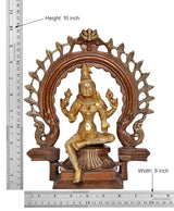 Brass Lakshmi idol statue with height and width measurements, seated goddess
