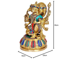 Brass Panchmukhi Hanuman idol with jeweled necklace and colorful draped belt, side view.