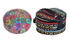 Patchwork steel drum and black-and-striped travel bag