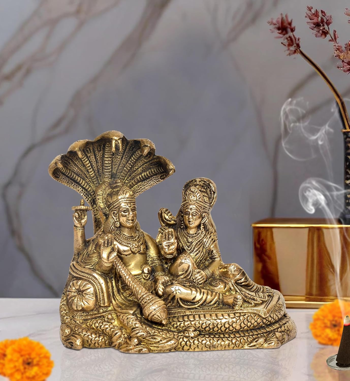 Maa Lakshmi with Lord Vishnu On Sheshnag Idol Statue for Home Mandir Temple Office Decor - (Brass, Height 6.5 Inch)